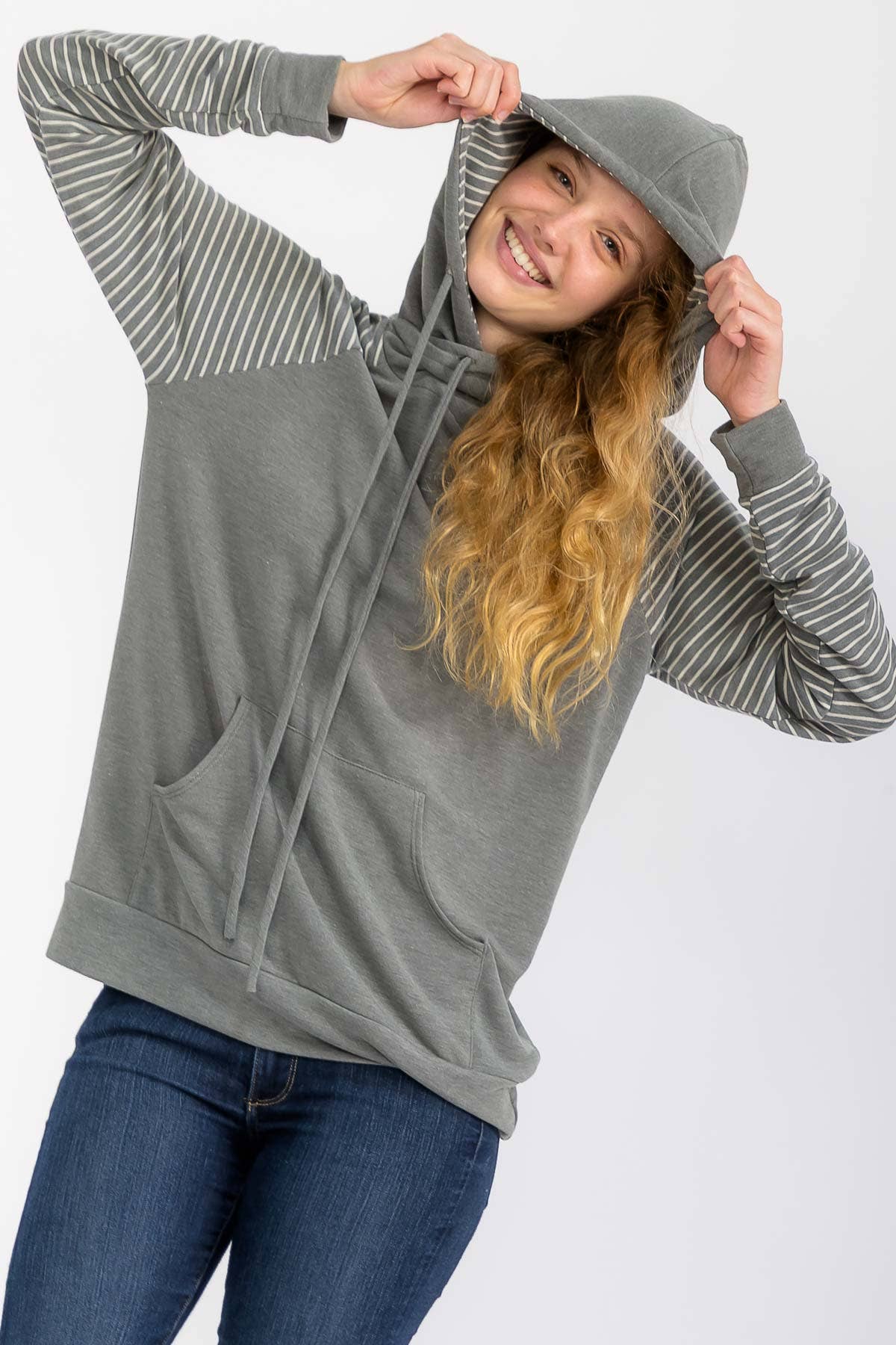 Arden Stripe Sleeve Contrast Hoodie – Casual Knit Pullover with Pocket