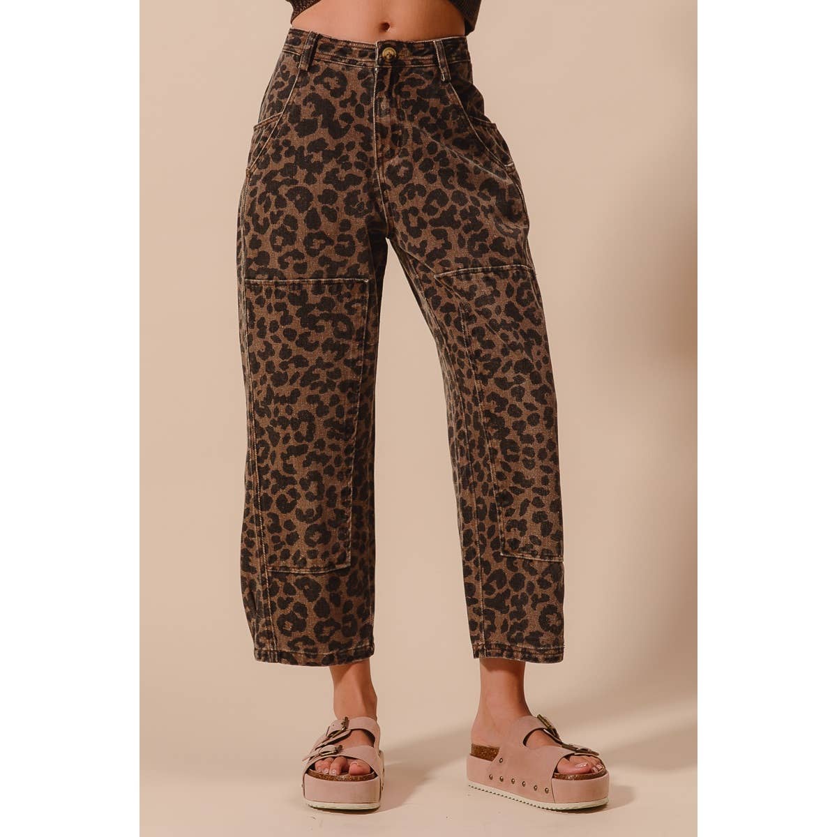 The Wild Side Leopard Barrel Jeans: Mocha