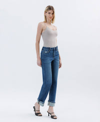 Vervet by Flying Monkey Victoria High Rise Cuffed Straight Jeans: Dark Wash