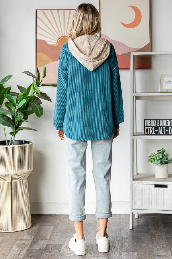 Elena Ribbed Button Front Hoodie – Colorblock Knit Pullover with Bishop Sleeves