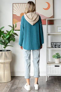 Elena Ribbed Button Front Hoodie – Colorblock Knit Pullover with Bishop Sleeves