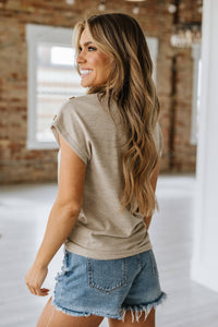 Bryce Button Short Sleeve Summer Knit Top: Taupe