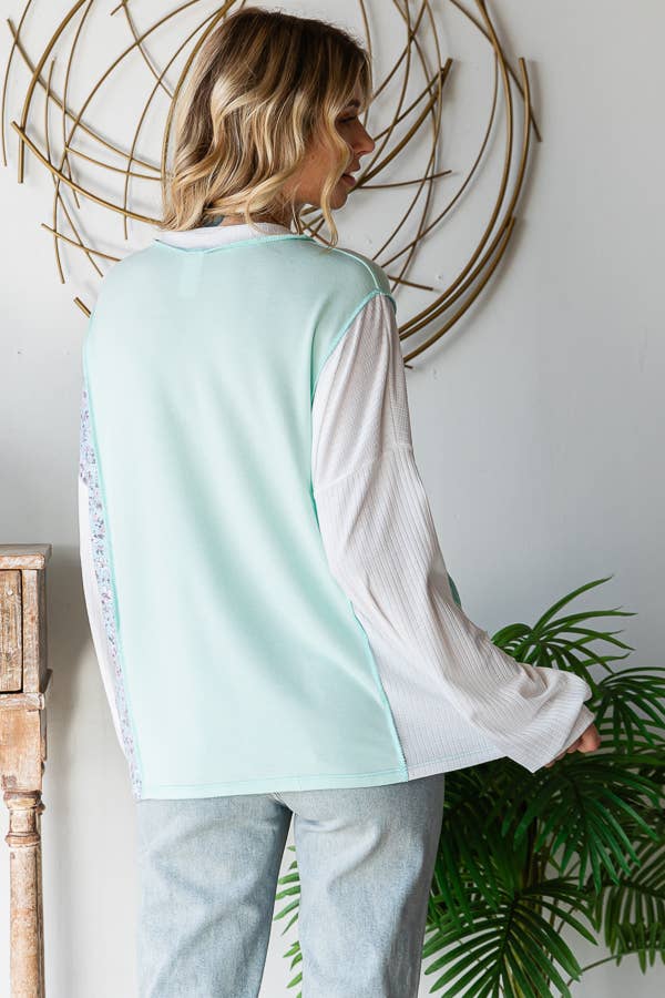 Beth Boho Floral Patch Long Sleeve Top: Mint