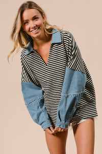 Maria Stripe Denim Sleeve Long Sleeve Top: Black