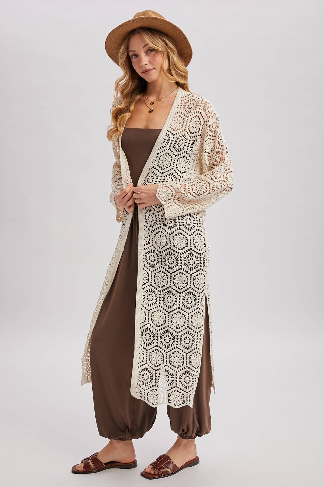 BOHO LONG LINE SIDE SLIT CROCHET CARDIGAN: NATURAL