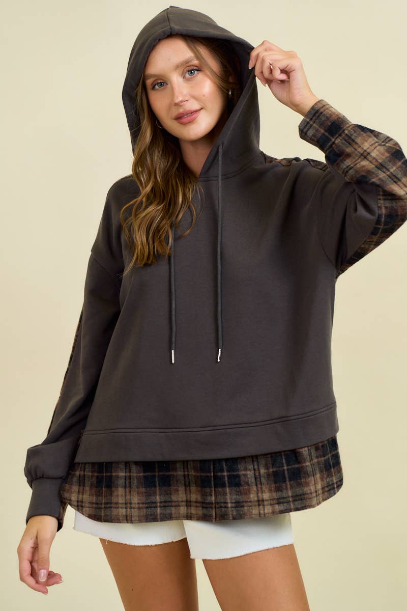Hadley Mixed Media Flannel Hoodie – French Terry Pullover with Plaid Contrast | Northern Belle Boutique