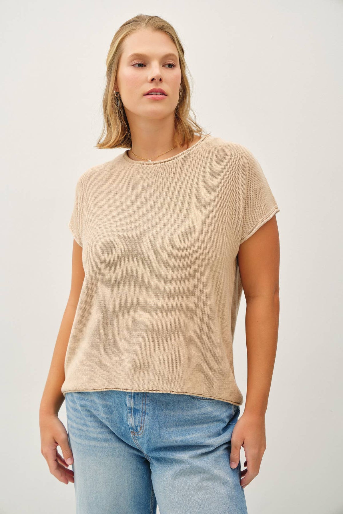 Ayla Plus Size Comfort Fit Short Sleeve Sweater: Taupe