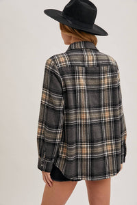 Oakley Brushed Plaid Flannel Button Down – Charcoal Cream Western Shacket