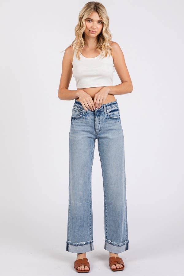 Sawyer Low Rise Baggy Straight Jeans – Light Wash Cuffed Denim with Soft Stretch