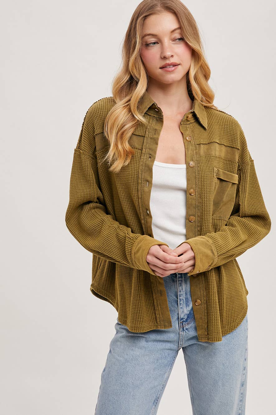 The Calla Thermal Contrast Shacket:Olive – Textured Button-Down Layer | Northern Belle Boutique