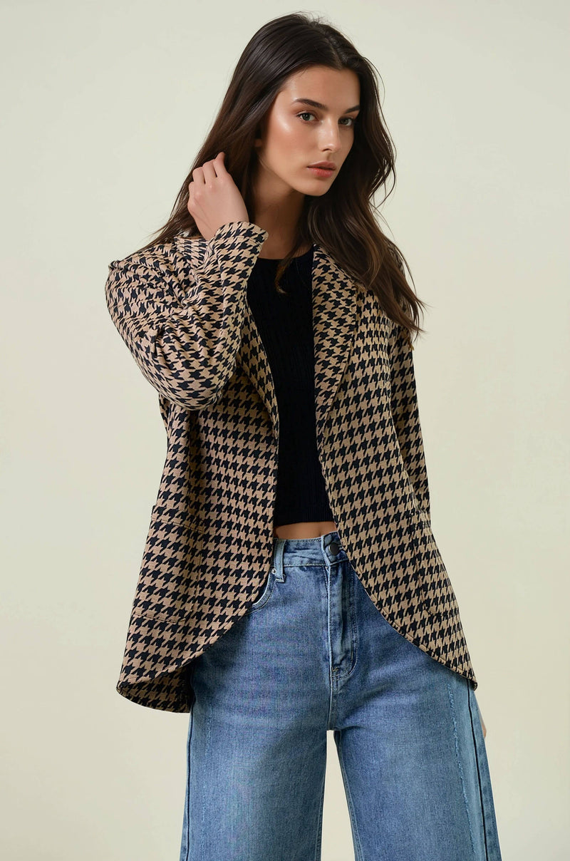 The Marlowe Houndstooth Shawl Collar Blazer – Tan & Black
