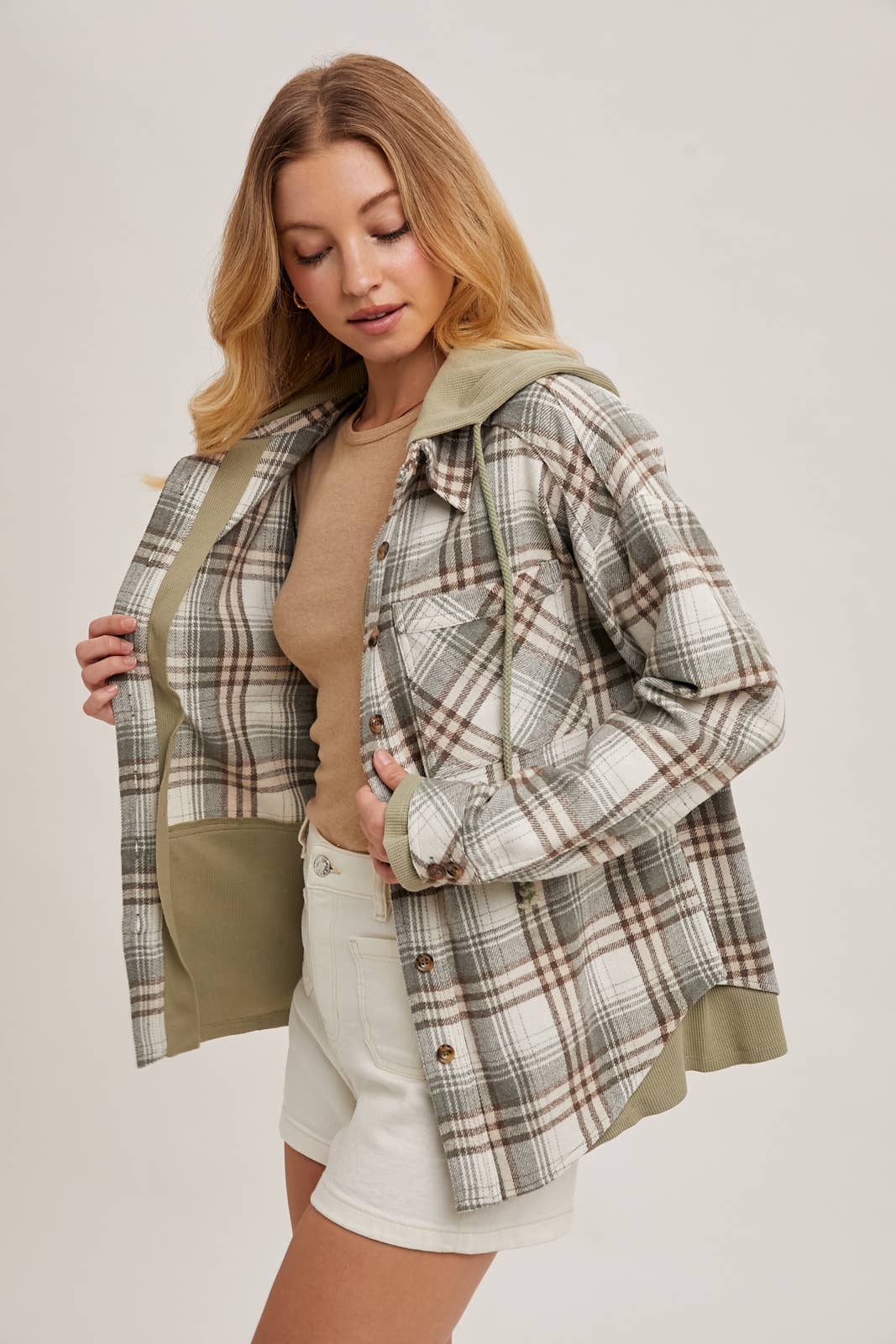 Aspen Hooded Plaid Shacket – Fall  Button-Down Jacket
