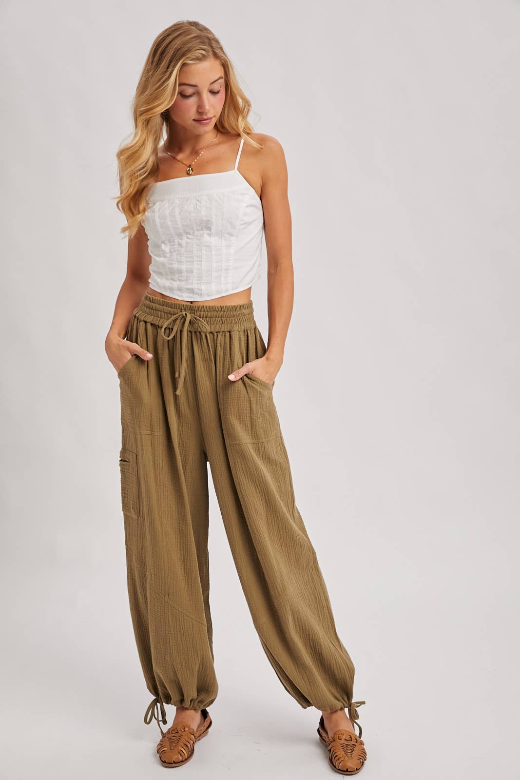 JOGGER HAREM DRAWSTRING PANTS: LT.OLIVE / L