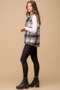 Sleigh Ride Soft and Cozy Plaid Sherpa Vest: Grey