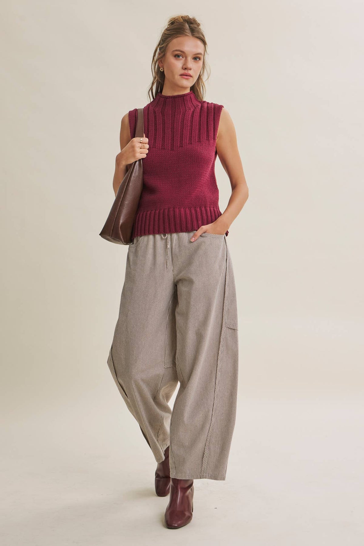 ALL ABOUT COMFORT ELASTIC STRIPE COTTON BARREL PANTS: DK. GREEN / M