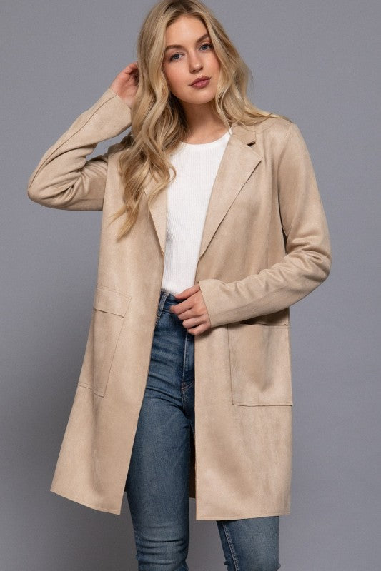 Maribel Faux Suede Open Front Jacket – Longline Blazer Coat with Pockets