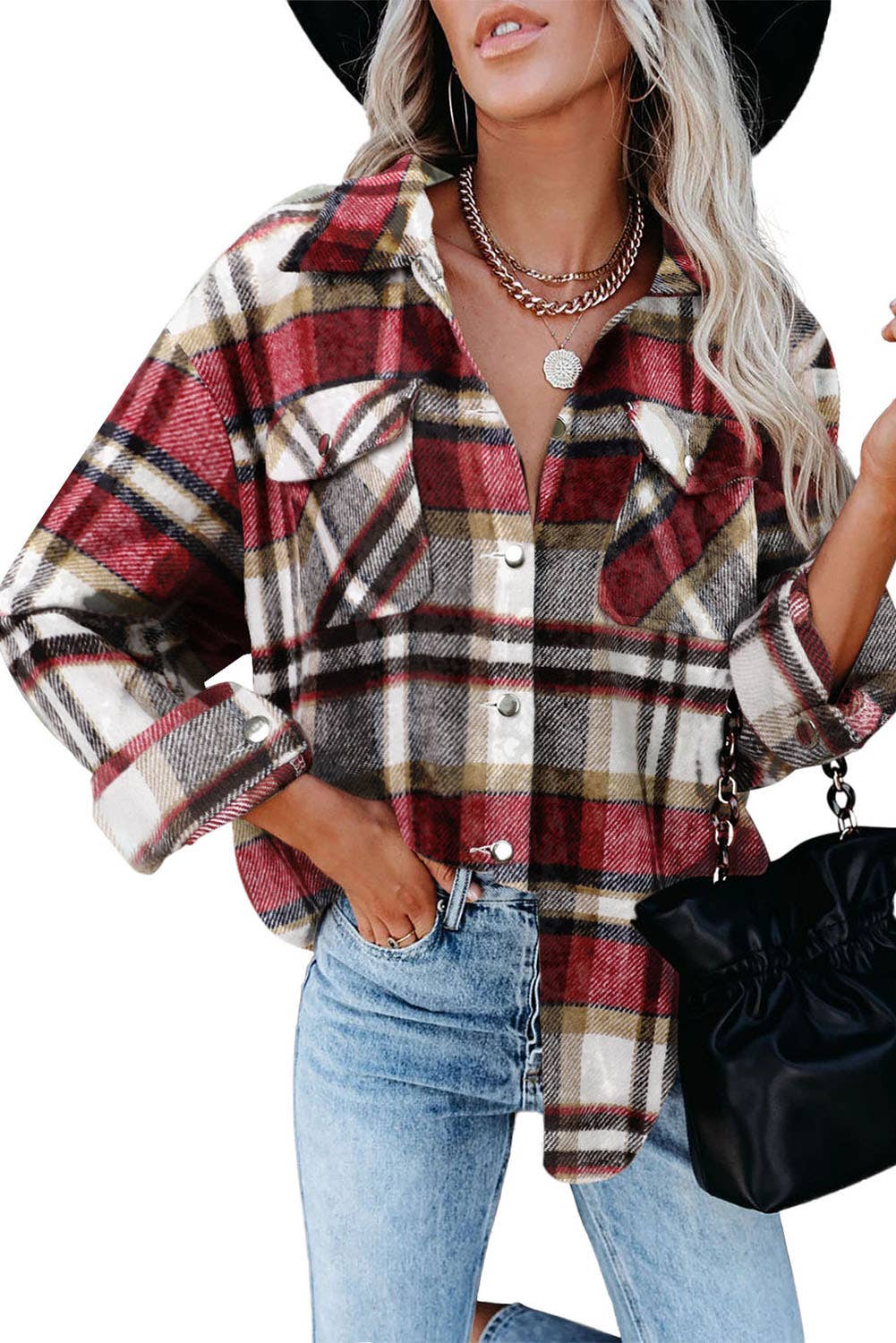 The Sadie Plaid Button-Up Shacket – Red Clay Check (S–XL)