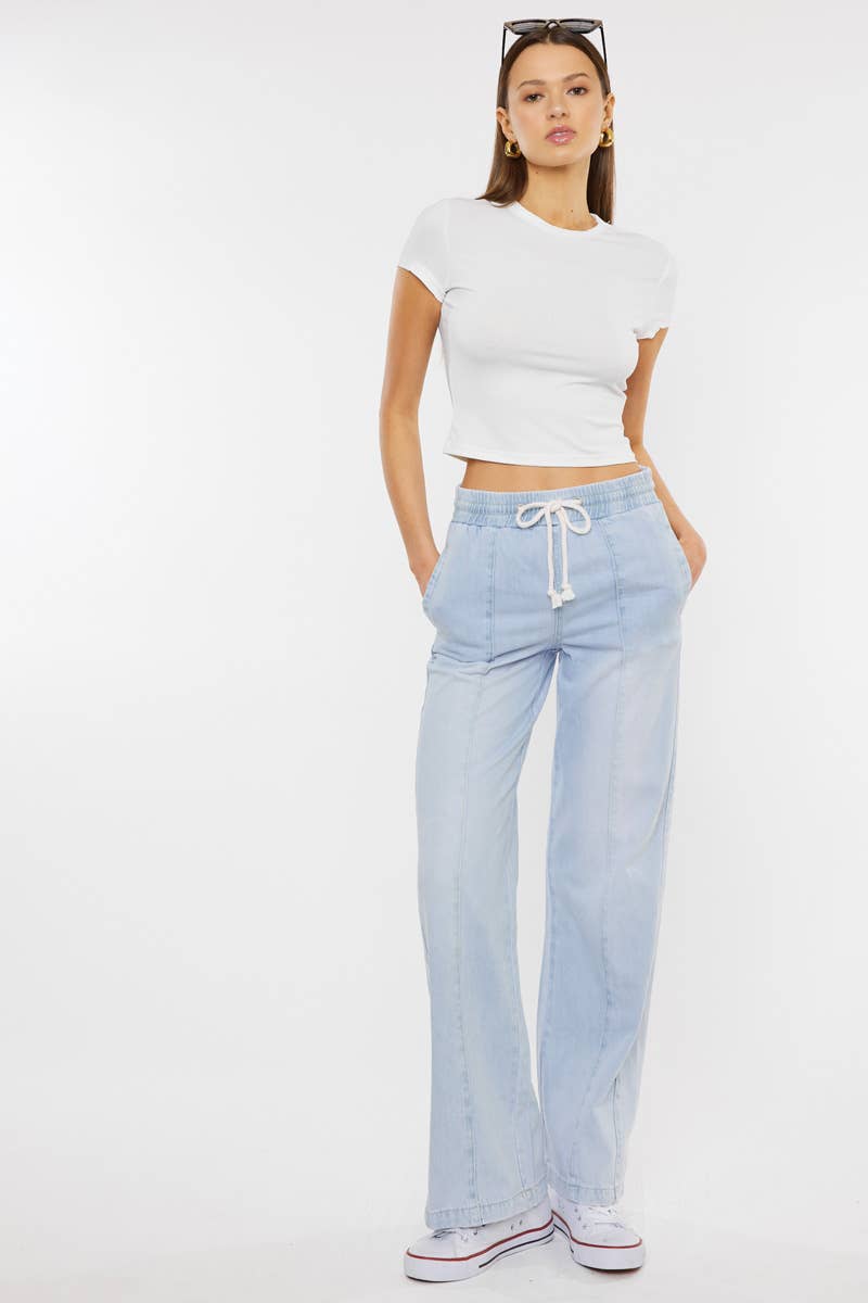 The Delaney Rope Drawstring Wide Leg Jeans – Light Stone Was