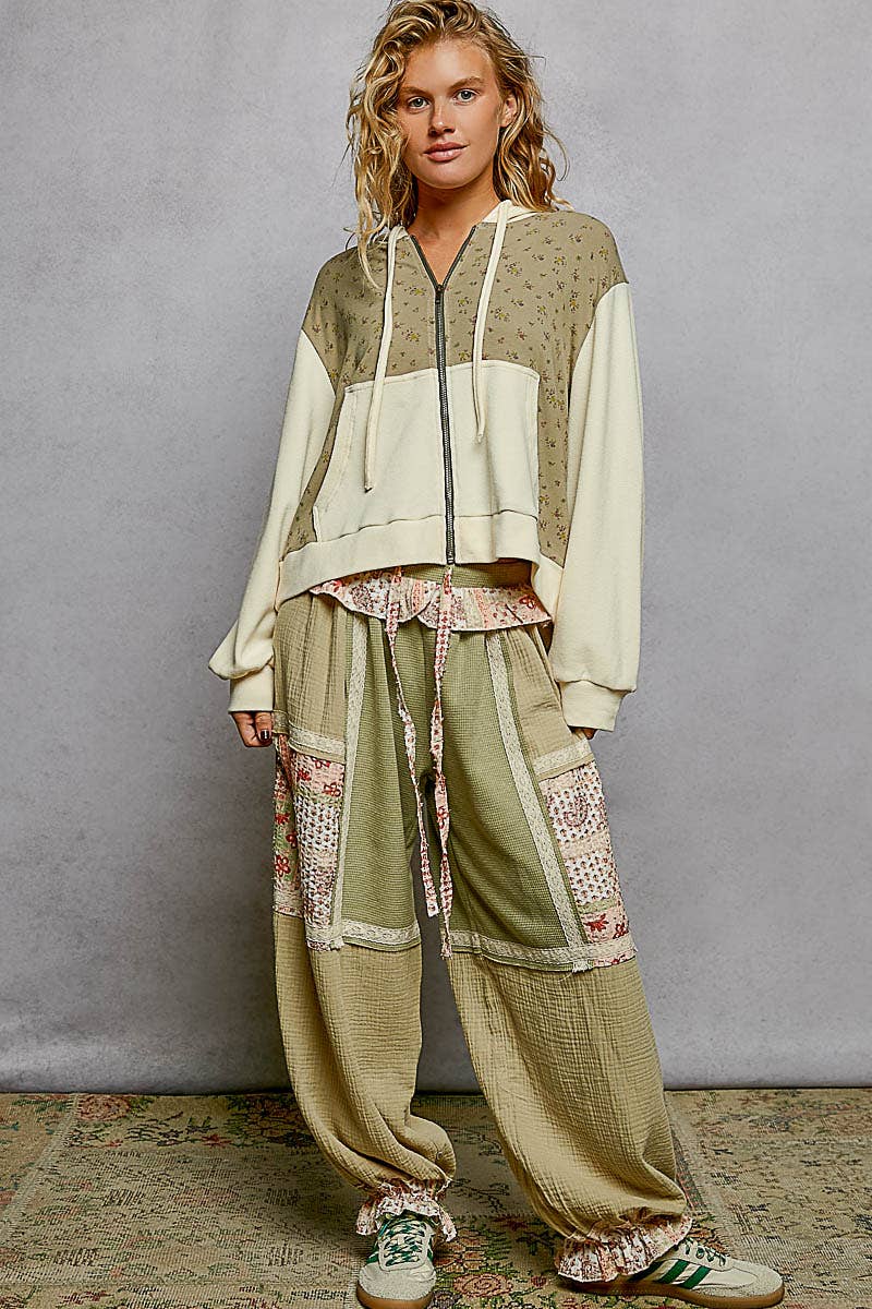 The Wildflower Weekend Hoodie: Sage Floral Print Thermal Patch Hoodie – Long Sleeve Knit Regular Fit Top