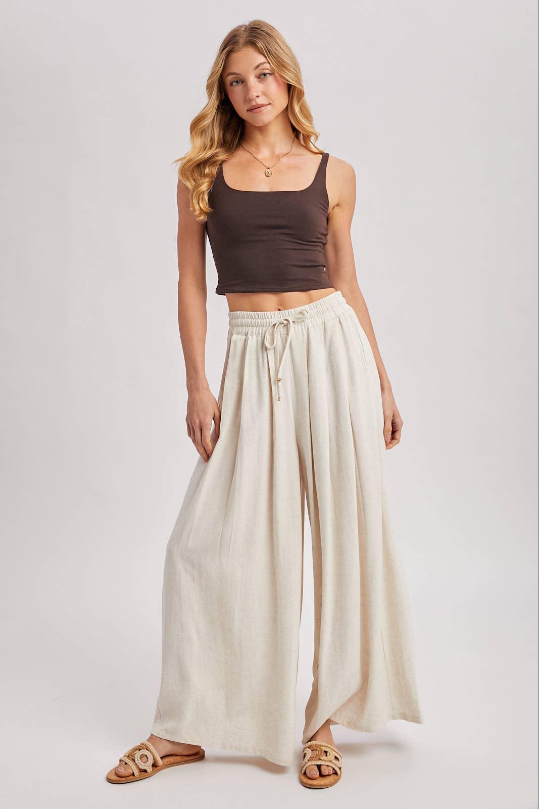 The Everly Flowing Wide Leg Pants: Lt Olive – High Waist Drawstring Palazzo