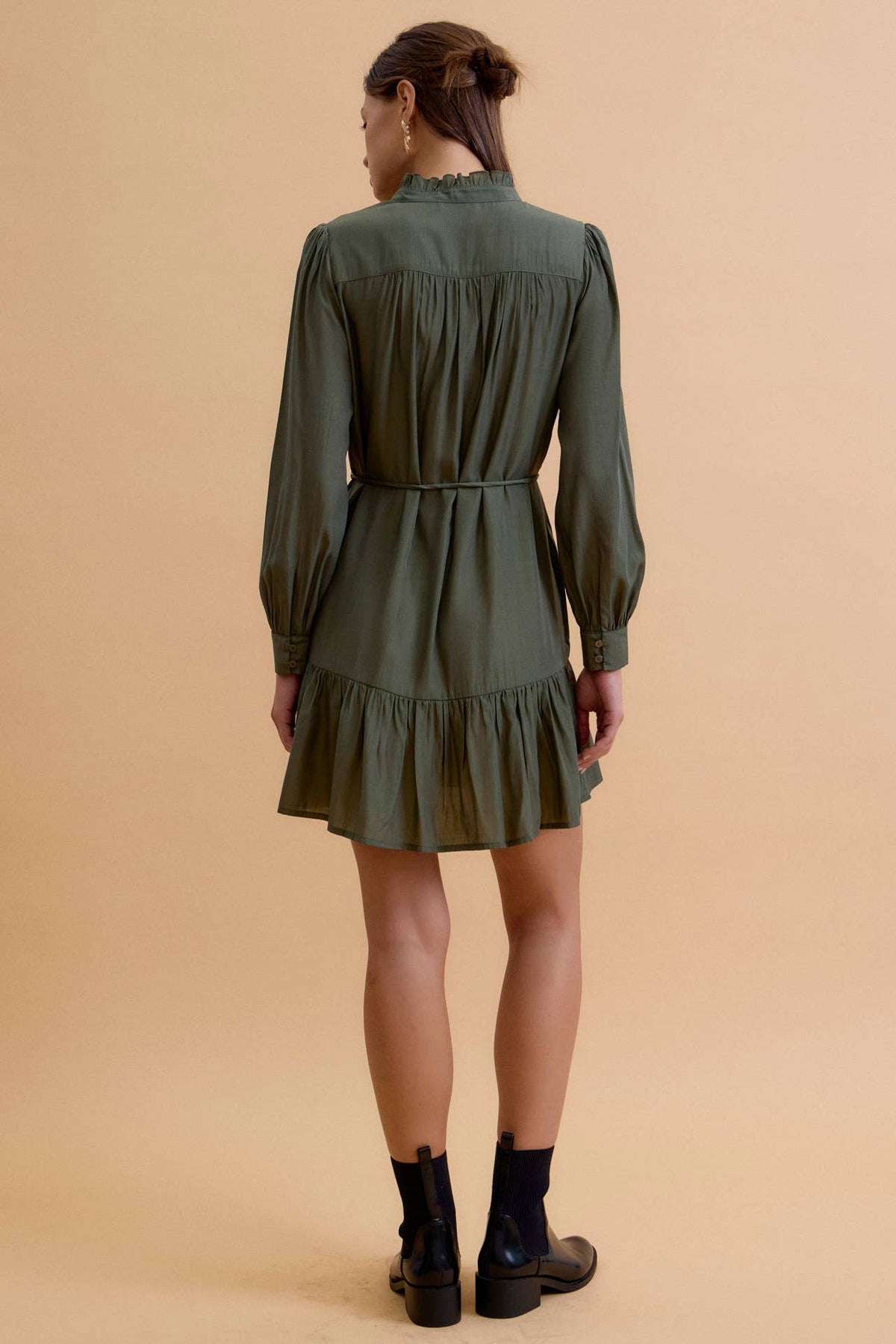 The Camille Ruffle Shirt Dress: Pine
