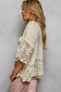 1/2 Sleeve Lace Ruffle Trim Opening Solid Crochet Cardigan: NATURAL / Os