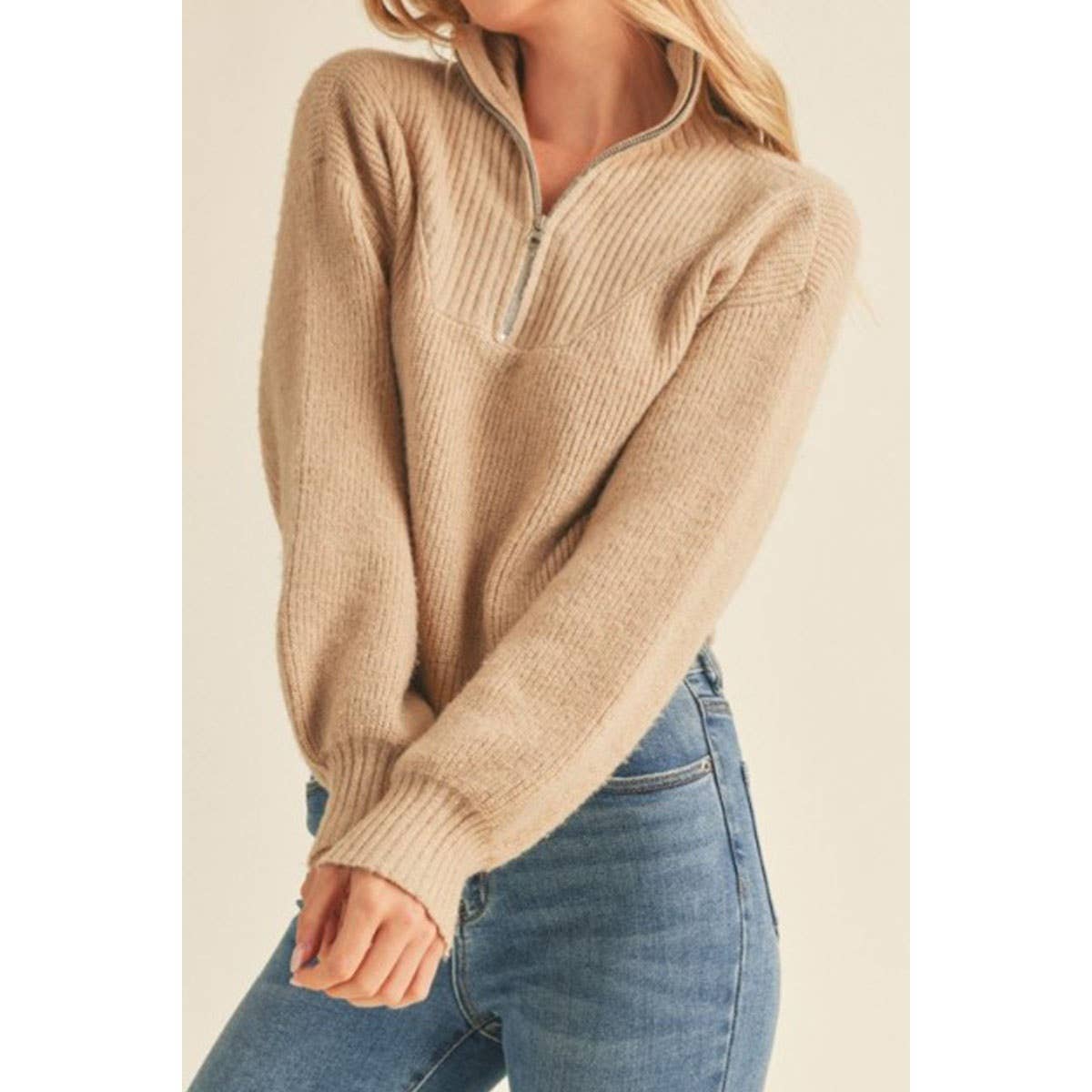 Leighton Mock Neck Half Zip Up Pullover Sweater: Khaki