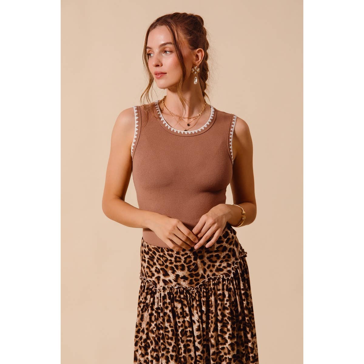 Avery Contrast Embroidered Ribbed Tank: Caramel