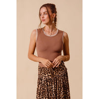 Avery Contrast Embroidered Ribbed Tank: Caramel