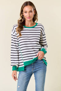 Lydia Stripe Comfy Sweatshirt: White/ Kelly Green