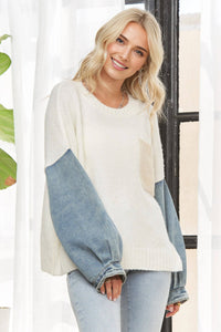 The Brinley Denim Sleeve Color Block Sweater – Cozy Mixed Knit Pullover