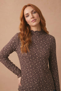 Meadow Mock Neck Floral Ribbed Top: Brown