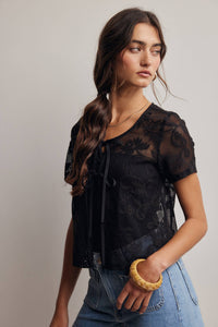 The Rosalie Floral Lace Top: Black – Scoop Neck Tie Front Feminine Blouse