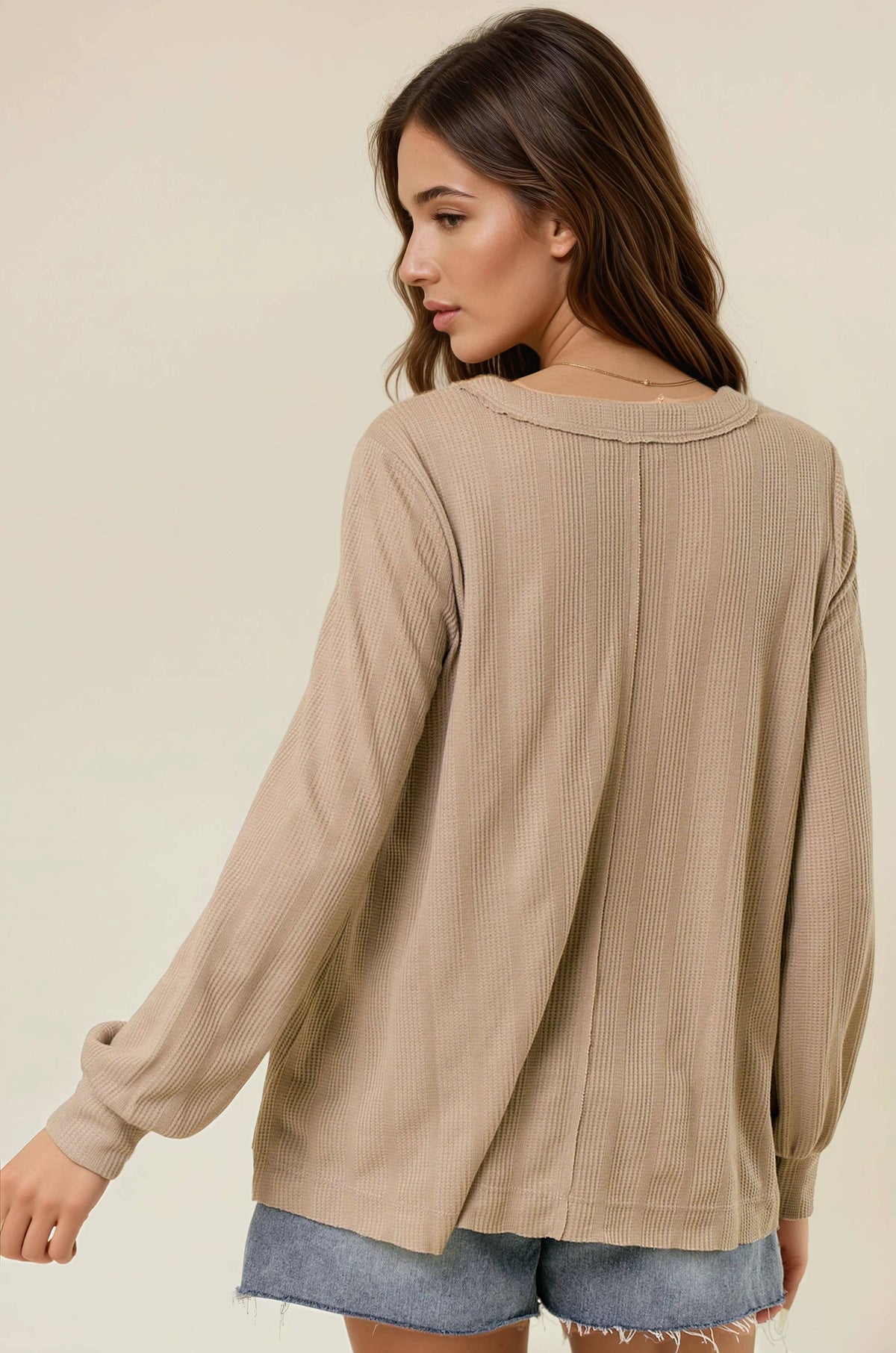 Callista Stripe Waffle Oversized Henley Top: Mushroom – Women’s Split V-Neck Long Sleeve Casual Shirt