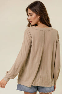 Callista Stripe Waffle Oversized Henley Top: Mushroom – Women’s Split V-Neck Long Sleeve Casual Shirt