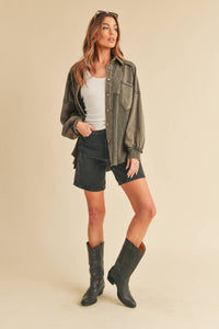 The Judie Mixed Media Vintage Wash Jacket : Charcoal – Relaxed Button Front Layering Shacket for Women