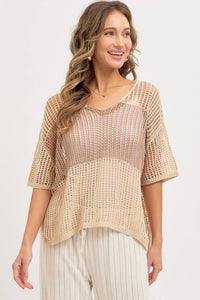 Jade Slouchy Open-Knit V-Neck Top