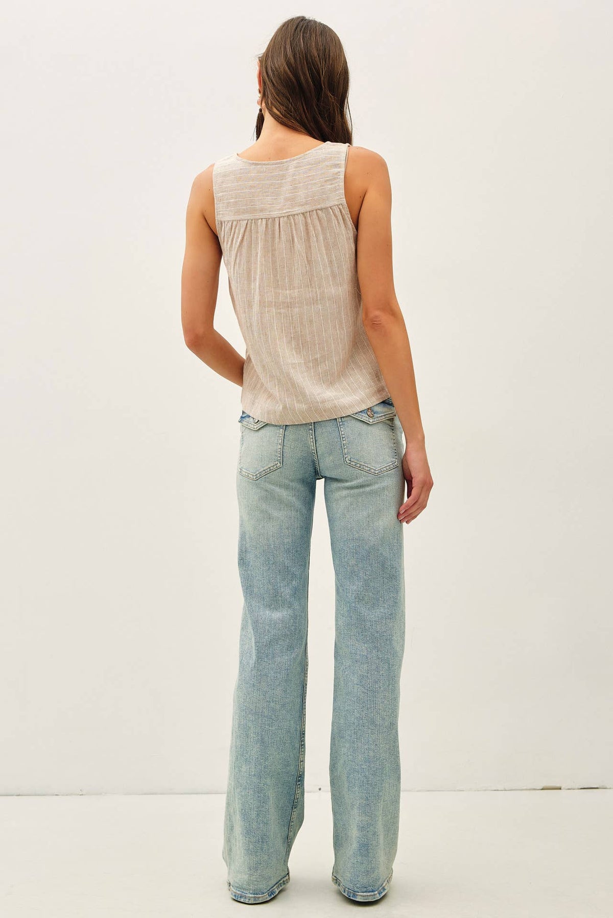 The Marlowe Striped Henley Tank: Almond – Linen Blend Cropped Boxy Tank Top