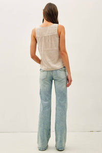 The Marlowe Striped Henley Tank: Almond – Linen Blend Cropped Boxy Tank Top