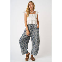 Vintage Blue Floral French Terry Barrel Pants: Grey