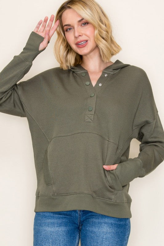 Rowyn Oversized Snap-Hoodie – Long Sleeve Pullover with Kangaroo Pocket