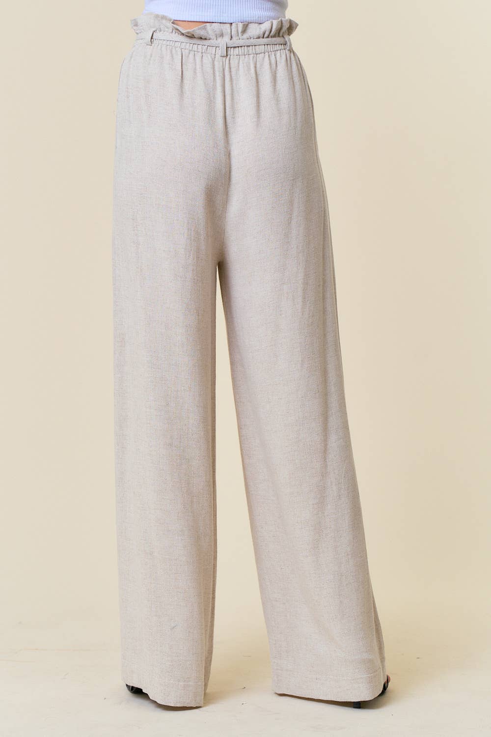 Joan Linen Paper Bag Wide Leg Pants: Natural