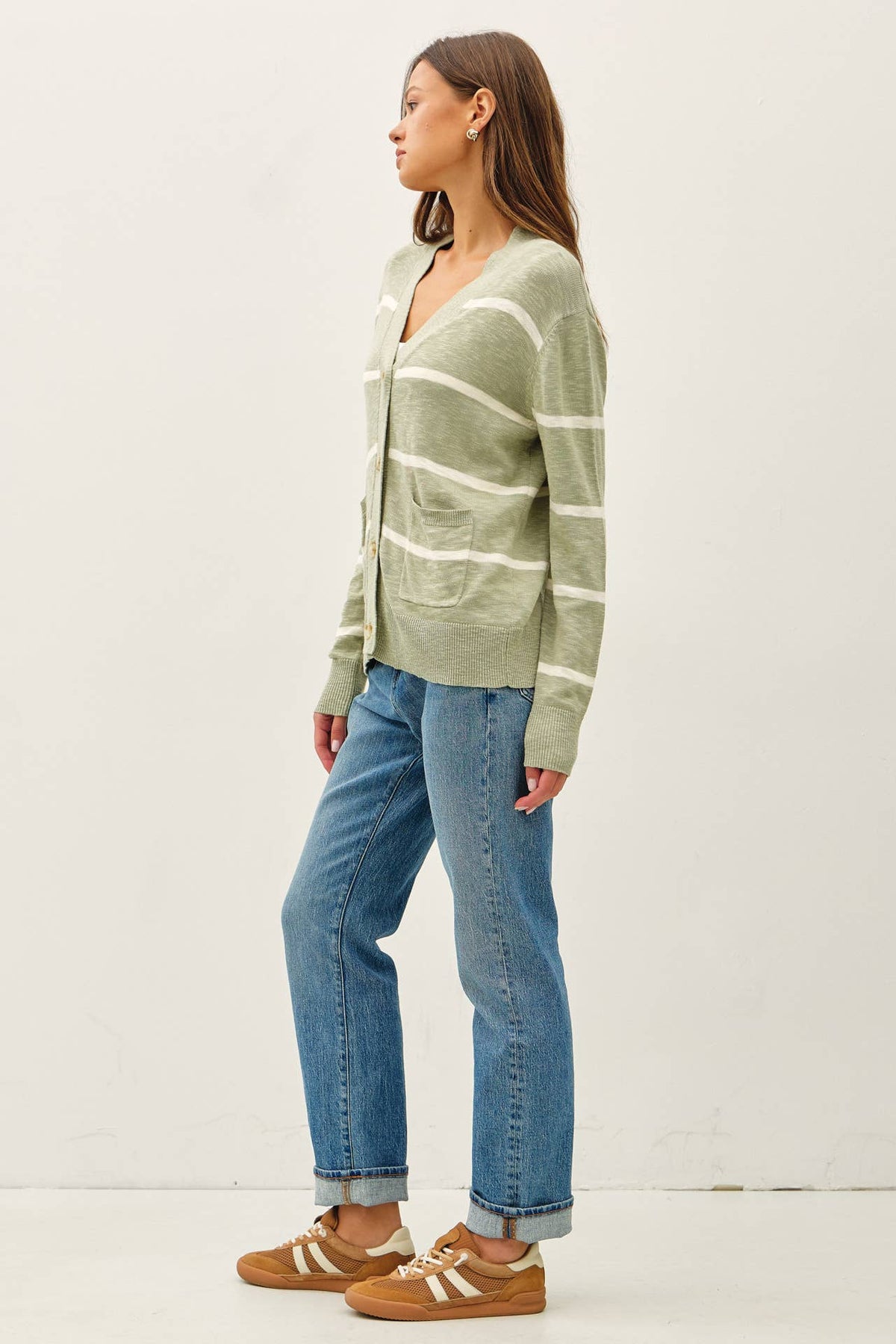 The Sutton Striped Oversized Cardigan: Soft Sage– Lightweight V-Neck Button Front Sweater for Women