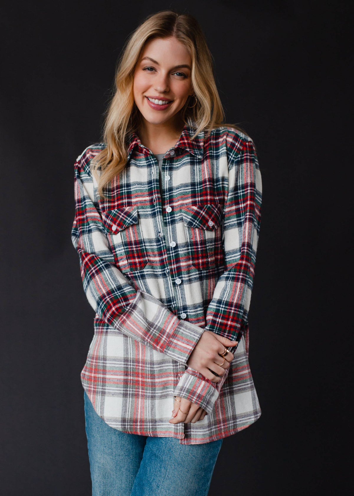 Fall Favorite Cream, Navy, Red & Green Plaid Flannel