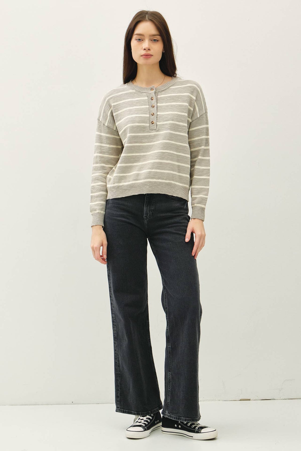 The Rowan Striped Henley Pullover Sweater – Cotton Slub Knit, Casual Drop Shoulder Crewneck