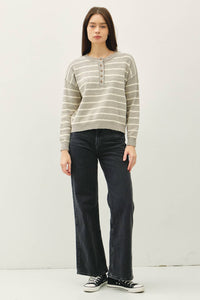The Rowan Striped Henley Pullover Sweater – Cotton Slub Knit, Casual Drop Shoulder Crewneck
