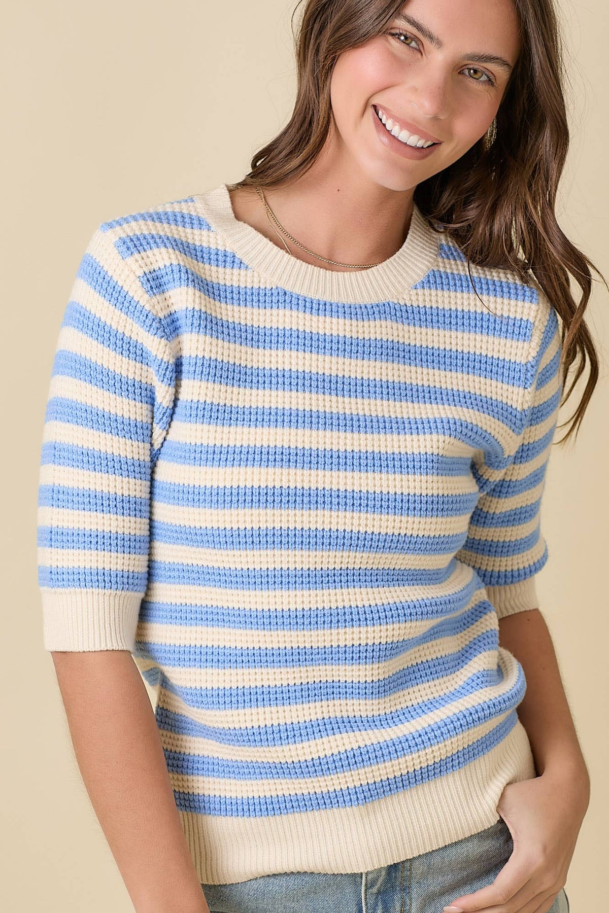 The Camden Stripe Knit Top: Cream/ Blue