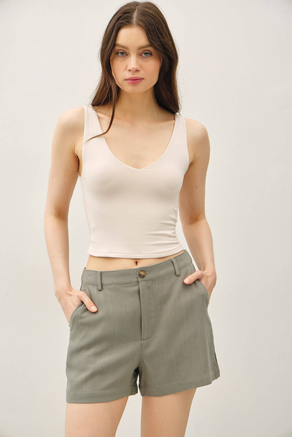 The Ava Linen Shorts – High Rise Button Front Summer Shorts with Pockets