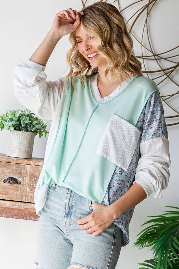 Beth Boho Floral Patch Long Sleeve Top: Mint