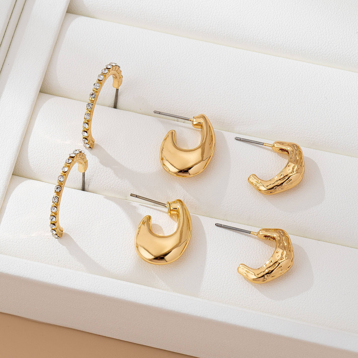 Gold Huggie & Dome Hoop Earring Trio – Rhinestone Half Band Layered Set